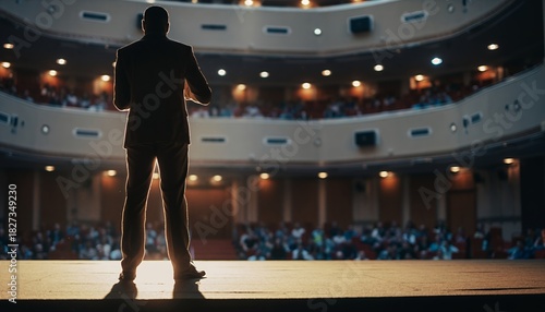 Confident Male Speaker Standing on Stage in Auditorium with Audience and Modern Architecture