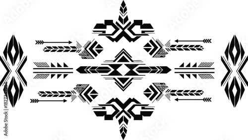 Symmetrical geometric tribal ethnic border or banner motif: native american aztec mayan inca ornamental element with arrows and feathers for textile print.