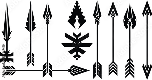 Stylized tribal ethnic abstract arrows and arrowheads collection: decorative native american archery motif elements for fabric, banner, logo, and tattoo design.