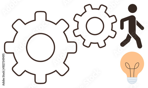 Person walking alongside two turning gears with a light bulb nearby, symbolizing creativity, technology, progress, collaboration, problem-solving, productivity, and innovation as a simple flat