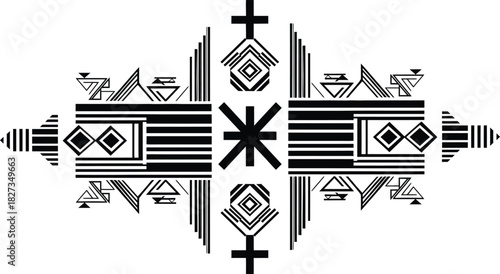 Symmetrical geometric tribal ethnic horizontal decorative motif: native american aztec mayan inca ornamental element for textile fabric wallpaper packaging backdrop.