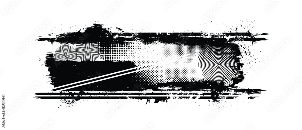 Obraz premium Grunge banner element, brush stroke frame, ink splash texture, halftone pattern, spiral shapes vector.