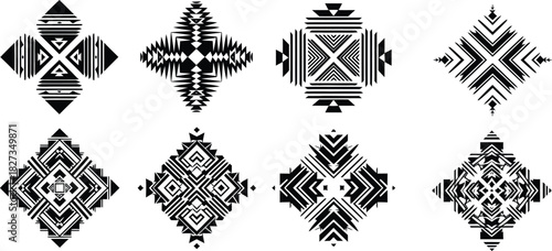 Monochromatic tribal ethnic aztec mayan inca geometric element set: native american indian traditional ornamental textile motif collection for fabric print.