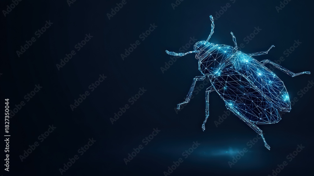 Naklejka premium A glowing digital insect, composed of interconnected points and lines, against a dark backdrop. ..Created with Generative AI, not depicting real subjects.