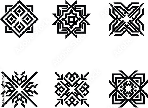 Intricate geometric ornamental tribal abstract square motif set: ethnic textile decor elements in black and white for fabric wallpaper packaging backdrop design.
