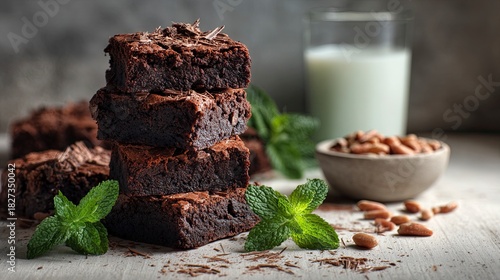 Indulge in rich chocolate brownies stacked high with fresh mint, almonds, and a refreshing glass of milk ready to enjoy for decadent treat time