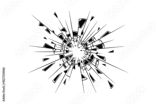 Abstract shattered glass or broken mirror effect with sharp fragments and radial lines radiating from center