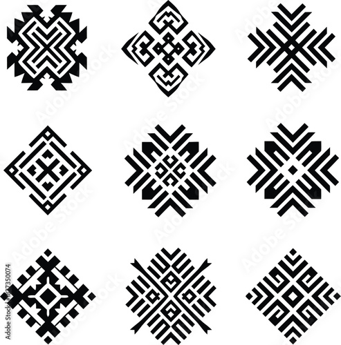 Geometric abstract tribal ethnic aztec mayan inca native american pattern set: traditional culture ornamental textile decorative motif element collection for fabric backdrop print.
