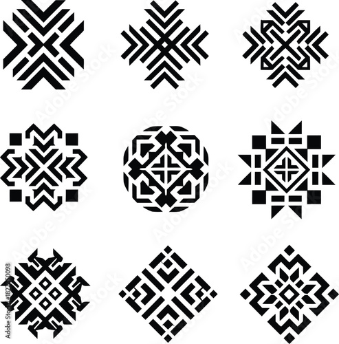 Native american aztec mayan inca tribal ethnic geometric abstract ornament collection: traditional textile decorative motif elements for wallpaper and fabric backdrop.