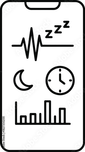 Mobile phone displaying a sleep tracking application interface with heart rate, moon, clock, and bar graph icons, representing health monitoring and data analysis on a smartphone