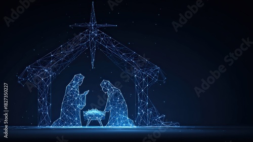 A digital nativity scene, rendered in illuminated lines, represents the core of holiday spirit, depicting Mary, Joseph. ..Created with Generative AI, not depicting real subjects.