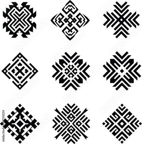Geometric abstract tribal ethnic aztec mayan inca native american pattern set: traditional culture ornamental textile decorative motif collection for fabric background print.