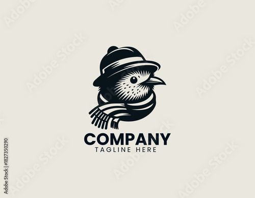 New Zealand kiwi bird wearing a cozy scarf and hat in a charming winter themed black vector logo illustration