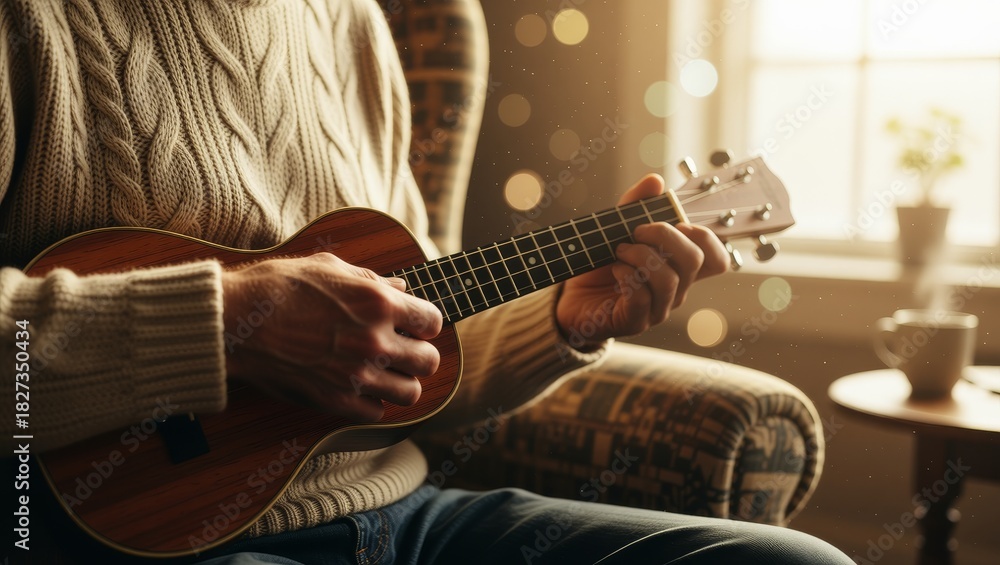 Fototapeta premium Hands playing ukulele in sunlit cozy room