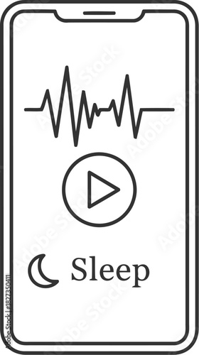 Smartphone showing a sleep tracking app interface with a heart rhythm graph, play icon, and sleep text with a moon symbol