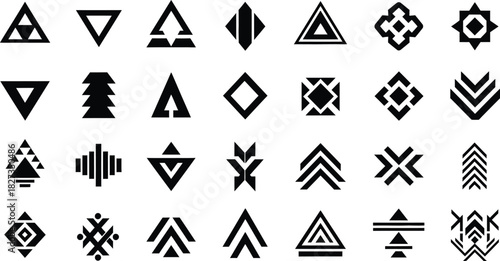 Abstract geometric vector icon and symbol set with various triangle and rhombus shapes: decorative ornament, modern design, tribal art, ethnic style, symmetric elements, minimal motif.