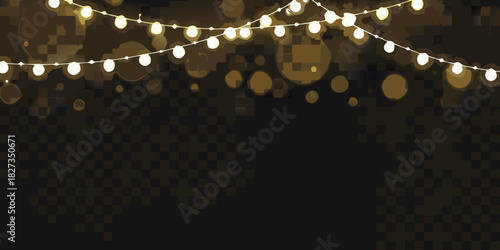 Warm golden string lights with bokeh effect on dark background