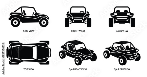 Beach buggy car black icon set. Buggy side, front, back, top, 3/4 front, and 3/4 rear view.
