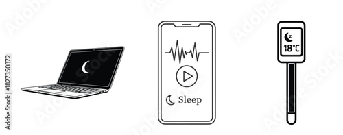 Sleep technology and comfort laptop, smartphone sleep app, and thermometer for optimal room temperature, isolated on white background