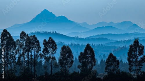 Discover the serene beauty of Mount Kenya's misty landscapes with towering trees in the foreground, a breath of fresh air for your next project