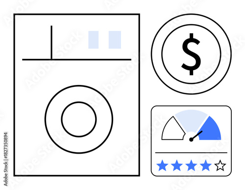 Financial performance concept. dollar symbol, performance meter, and rating scale for tracking financial metrics and customer satisfaction. Ideal for business, finance, analytics, service reviews