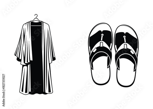 Kimono on hanger and flip-flops. Traditional garment and summer footwear. Relaxation and comfort.