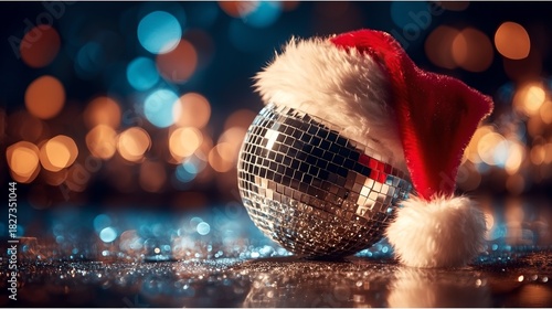 Winter Christmas ball, disco ball wearing Christmas hat, snowflakes and musical notes flying