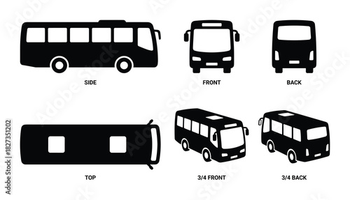 Bus icon set. Diverse views for transport illustration including side front back and top perspectives.