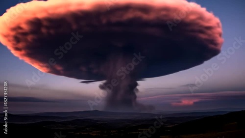 Dramatic mushroom cloud rising over a mountainous landscape at sunset, evoking awe and fear