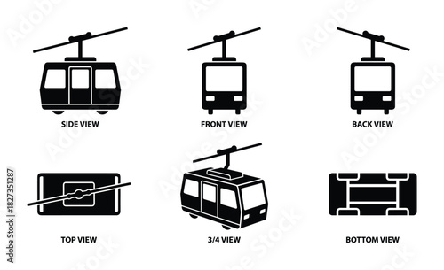 Cable car icons showing side front back top bottom and three quarter views for design projects.