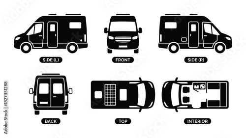 Camper van icons with side front back top and interior views, perfect for travel illustrations.