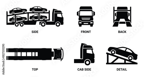 Car carrier truck black icons. Simple set of different views. Flat vector illustration.