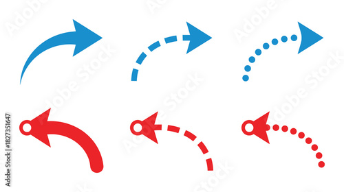 Curved arrow icons, blue and red, solid dashed dotted lines, left and right.