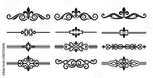 Set of black floral scroll dividers and fleur de lis ornament page decoration designs.