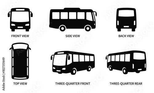 Bus silhouettes in front side back top three-quarter front and rear views isolated on white.