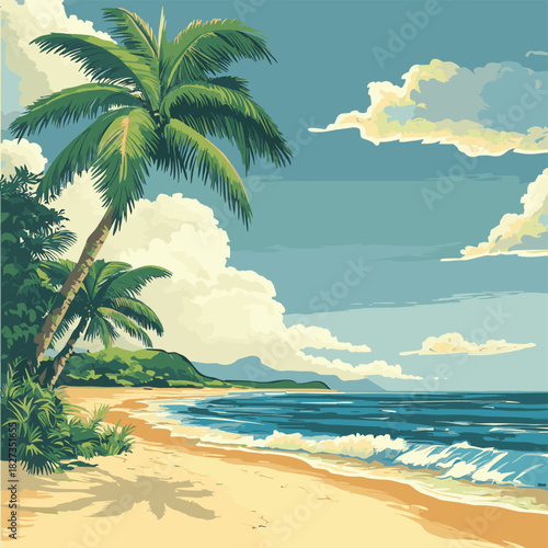 tropical beach with palm trees  , vector style simple color