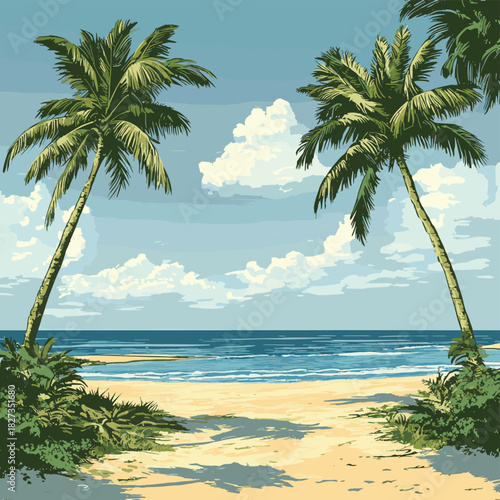 tropical beach with palm trees  , vector style simple color