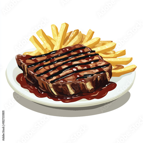 Delicious Grilled Steak with French Fries and Ketchup