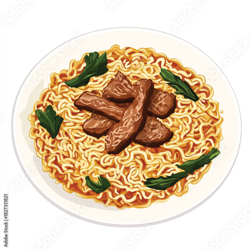  Delicious noodles with meat and vegetables on a white plate.
