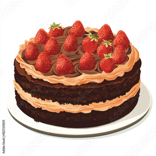 Delicious layered chocolate cake with strawberry topping on a white plate