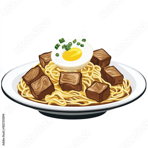 Delicious Noodles with Egg and Meat Cubes on a Plate