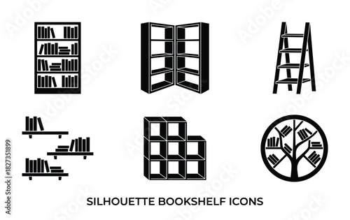 Bookshelf silhouettes; library furniture; book storage; education icons; literary symbols; reading graphics