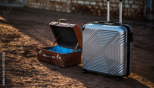 Silver Hard Shell Suitcase and Vintage Brown Leather Travel Case on Dirt Road in Sunset Light