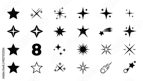 Various star icons. Sparkle light effects. Glitter burst shapes. Decorative glow elements.