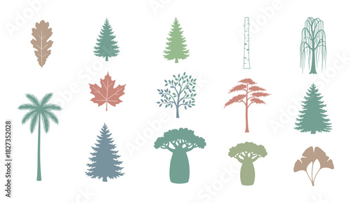Diverse tree and leaf silhouettes. Nature landscape elements. Various plant shapes. Botanical collection.