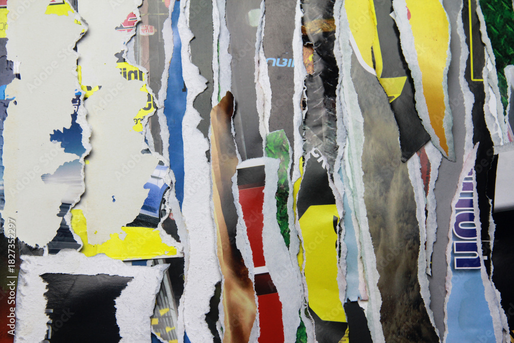 Fototapeta premium Multicolored poster paper, torn into numerous pieces.