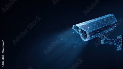 A futuristic surveillance camera projects a beam of light. A symbol of security. against a dark, dramatic backdrop. ..Created with Generative AI, not depicting real subjects.