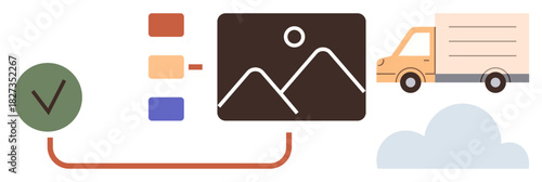 Workflow including checklist, data chart, image file, truck for delivery, and cloud element. Ideal for logistics, technology, cloud storage, delivery management workflow optimization process