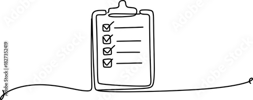 Single continuous line drawing of a clipboard with a checklist, representing task completion, project planning, organization, and productivity. Vector, illustration