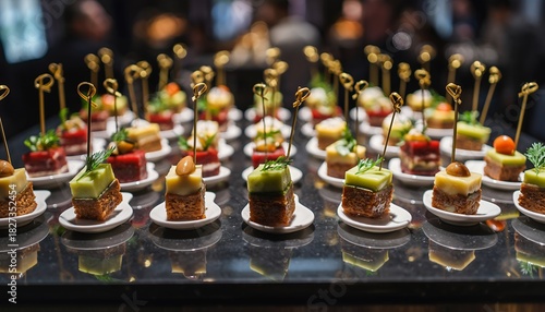 Elegant Assorted Hors D'oeuvres Plated on Black Surface at Event